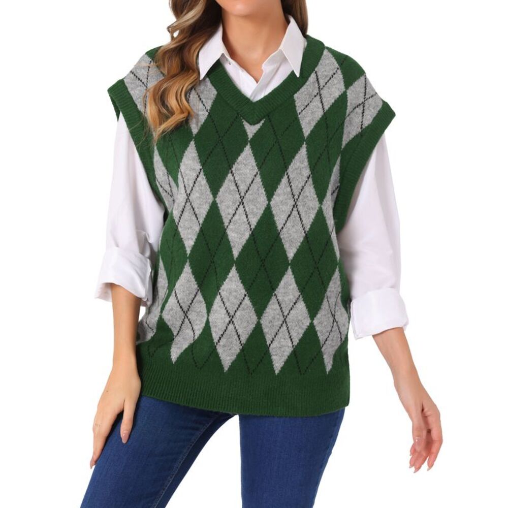 Contrast Color Vest Sleeveless Knit Loose Pullover Sweater Tops Dark Green